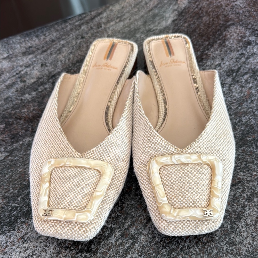 Sam Edelman Cream Woven Slip-On Mules with Pearlized Buckle